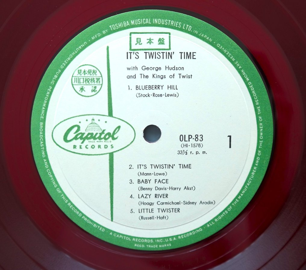 George Hudson - And The Kings Of Twist ‎– It's Twistin' Time /Red Promo Treasure (Green Capitol Label ) - 12" Maxi single - Farvet vinyl, Salgsfremmende presning - 1961 #3.1