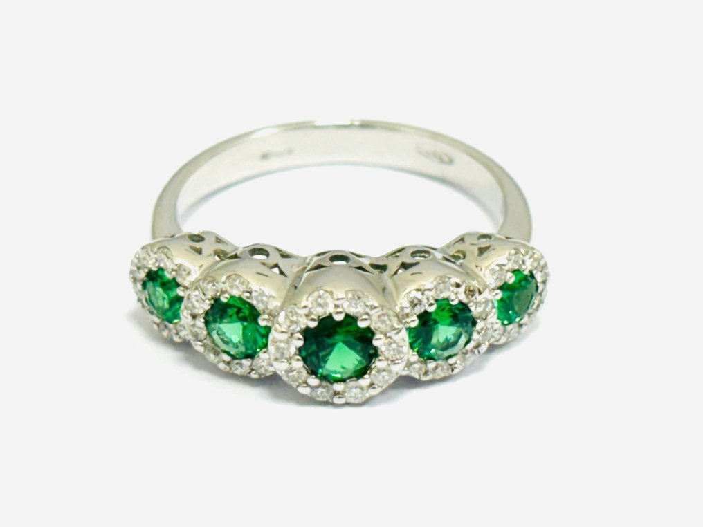 戒指 - 18K包金 白金 祖母绿 - 钻石  #3.1