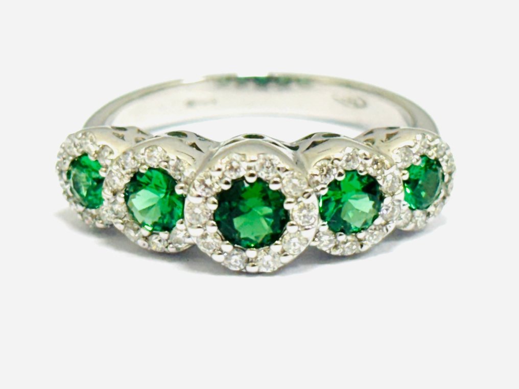 戒指 - 18K包金 白金 祖母绿 - 钻石  #2.2