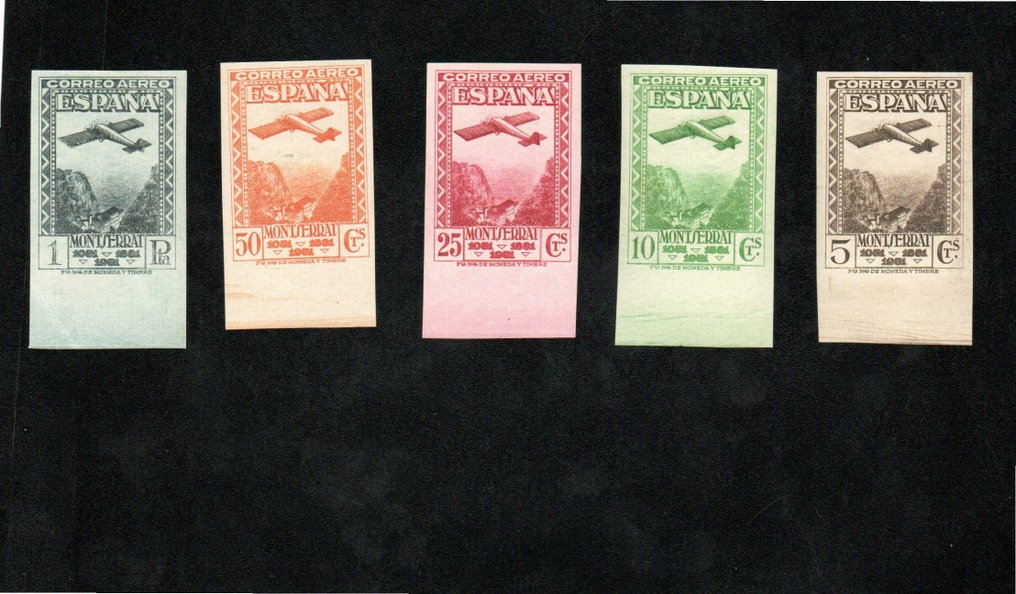 Espagne 1931 - Montserrat. Poste aérienne non bosselée. Série complète de bords de feuilles. - Edifil 650s/654s #1.1