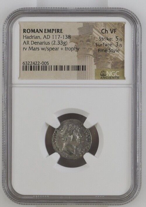 Imperio romano. NGC Ch VF 5/5 - 3/5 Fine Style Hadrian, AD 117-138  Very Rare!. Denarius #3.1