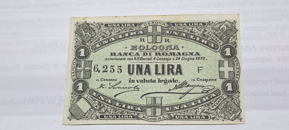 Włochy. - 1 Lira 24/06/1872 Bologna Banca di Romagna - GV. Boa. 06.0710.3 #1.1