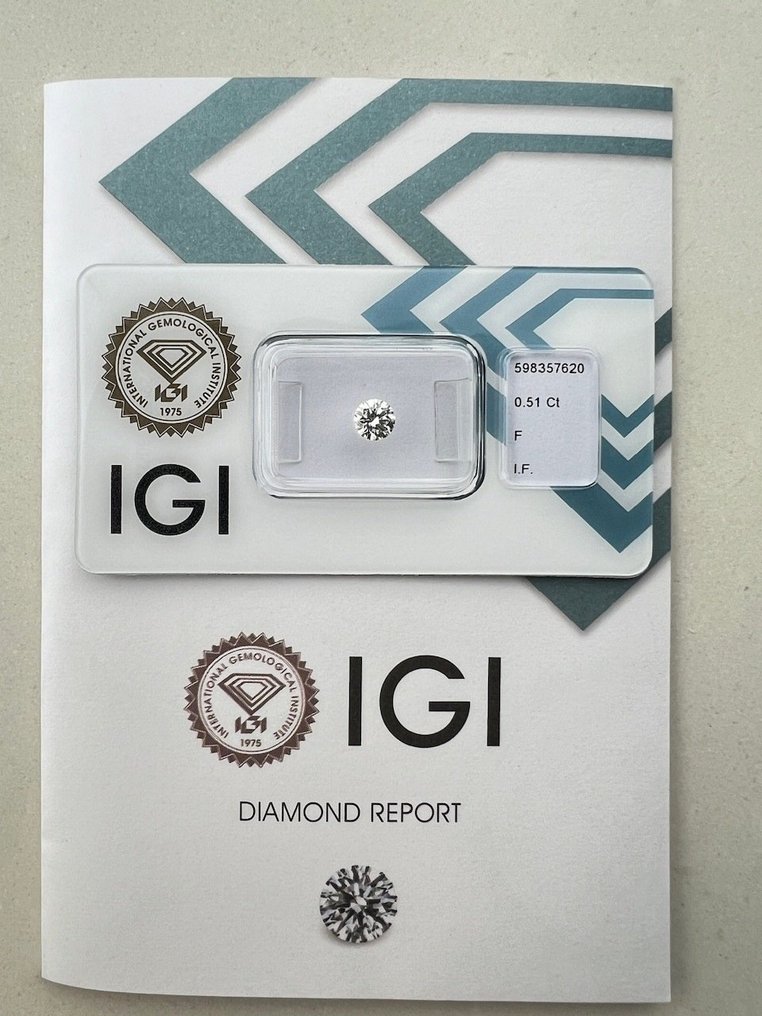 1 pcs Diamant  (Natuurlijk)  - 0.51 ct - Rond - F - IF - International Gemological Institute (IGI) #1.1
