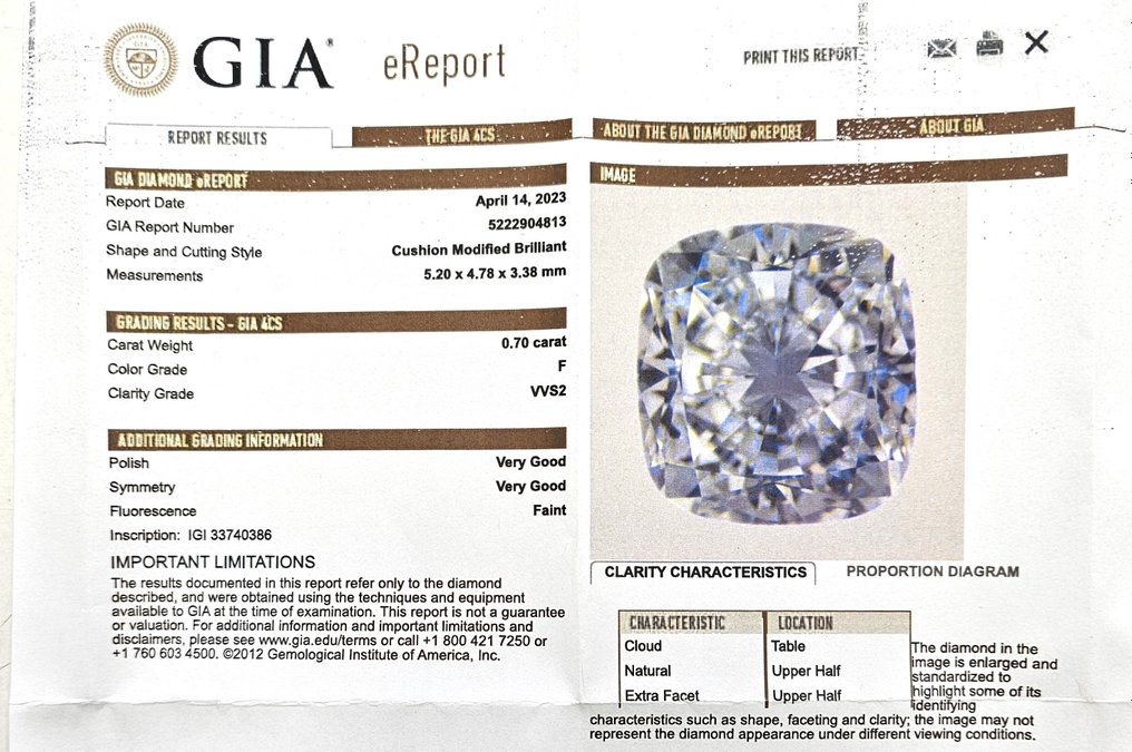 Diamante - 0.70 ct - Almofada - F - VVS2 #2.1