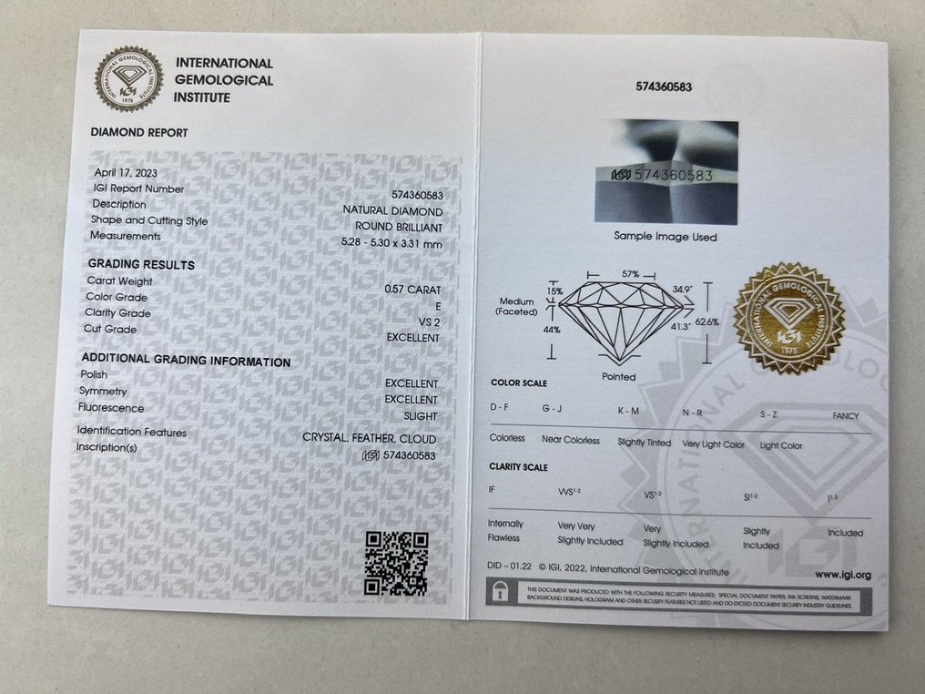 1 pcs Diamant  (Natuurlijk)  - 0.57 ct - Rond - E - VS2 - International Gemological Institute (IGI) #1.2