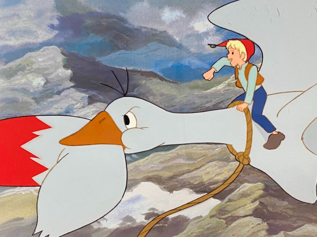 The Wonderful Adventures of Nils (1980) - 1 Alkuperäinen animaatio Cel ja Nils Holgerssonin piirustus kopiotaustalla #1.1
