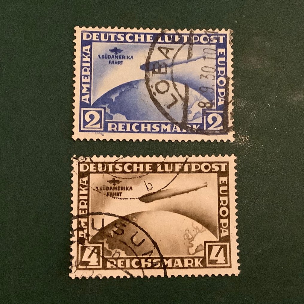 Impero tedesco 1930 - Sud America Farth con faglie della placca, bocca sopra il dirigibile e fulmini - Michel 438 Y I en 439 Y I #1.1