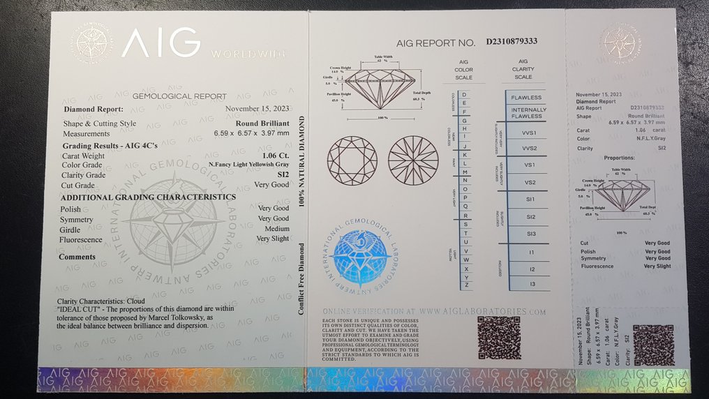 1 pcs Diamant  (Naturfarvet)  - 1.06 ct - Light Gullig Grå - SI2 - Antwerp International Gemological Laboratories (AIG Israel) #3.1