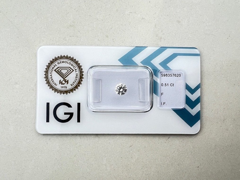 1 pcs Diamant  (Natuurlijk)  - 0.51 ct - Rond - F - IF - International Gemological Institute (IGI) #2.1