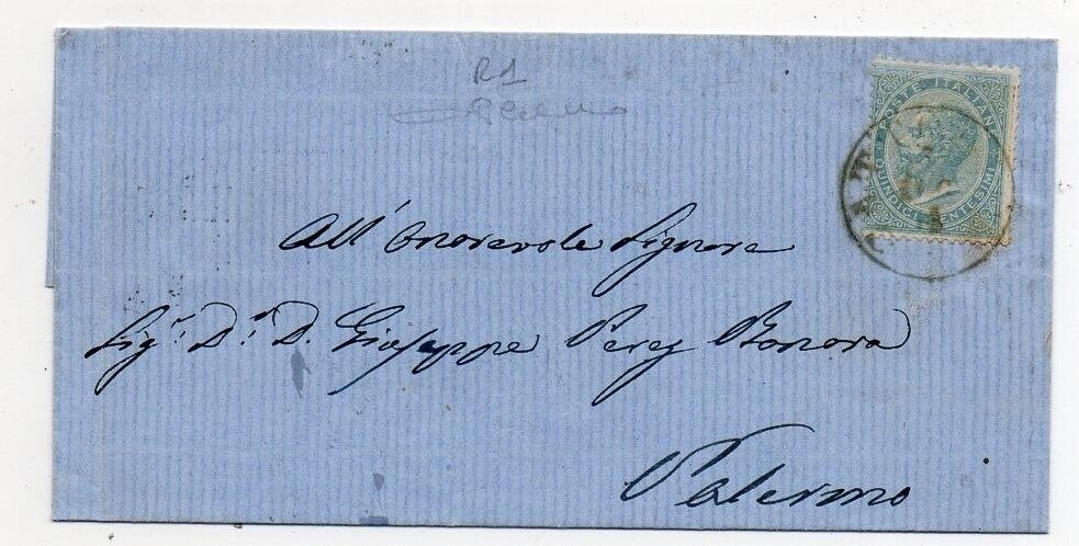 Italia Regno 1864 - lettera con 15 cent De La Rue con raro annullo a cerchio Sardo-Italiano 'Cattolica' (Sicilia) ptR1 - Sassone L18 #1.1