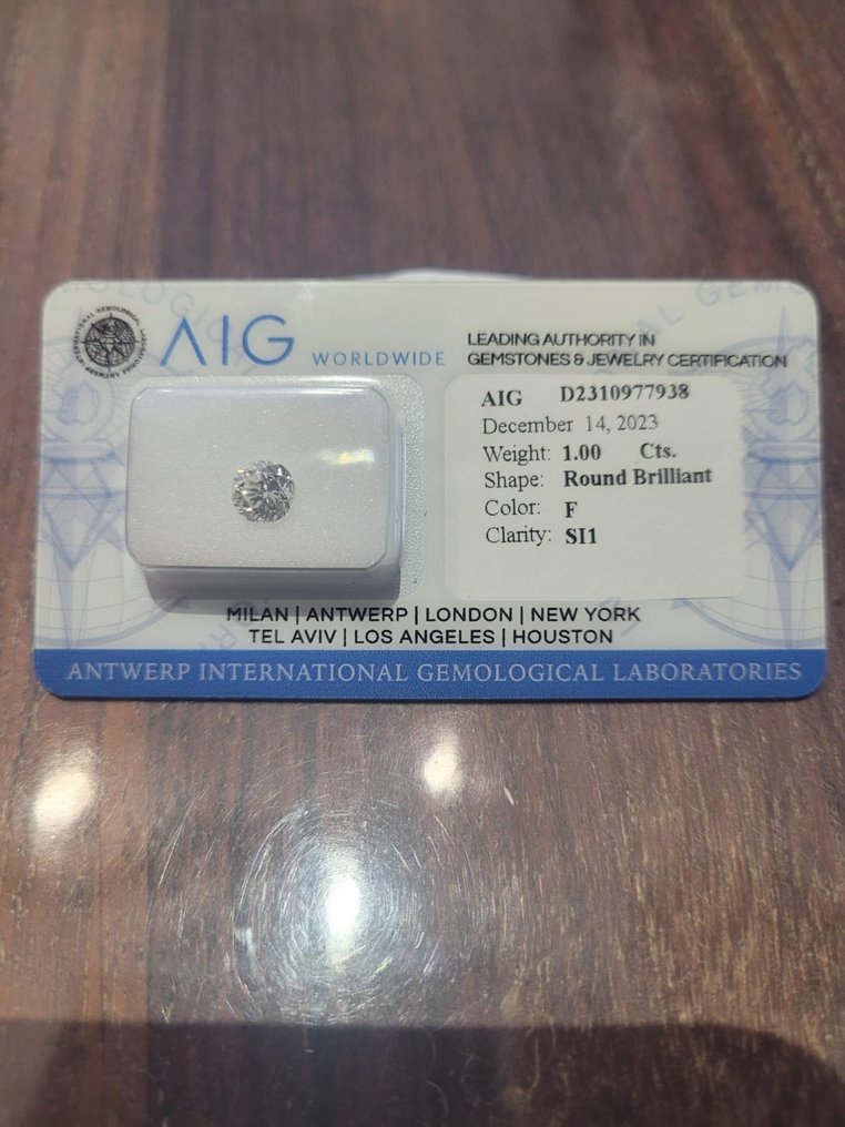 没有保留价 - 1 pcs 钻石  (天然)  - 1.00 ct - 圆形 - F - SI1 微内含一级 - 安特卫普国际宝石实验室（AIG以色列） #1.2