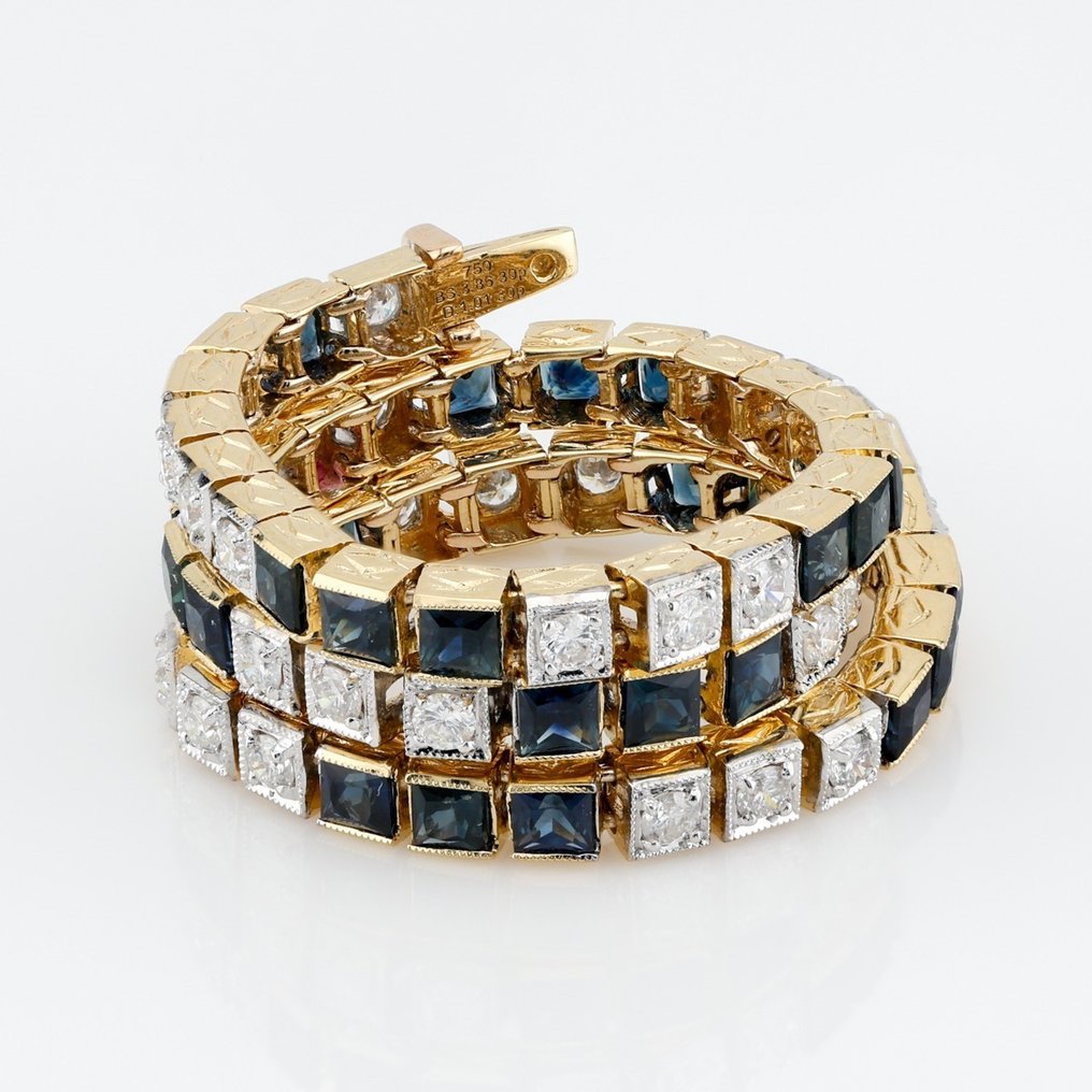 (AIG Certified) - Sapphire (3.86) Cts (30) Pcs Diamond (1.01) Cts (30) Pcs - Bracelet - 18 kt. White gold, Yellow gold #1.1