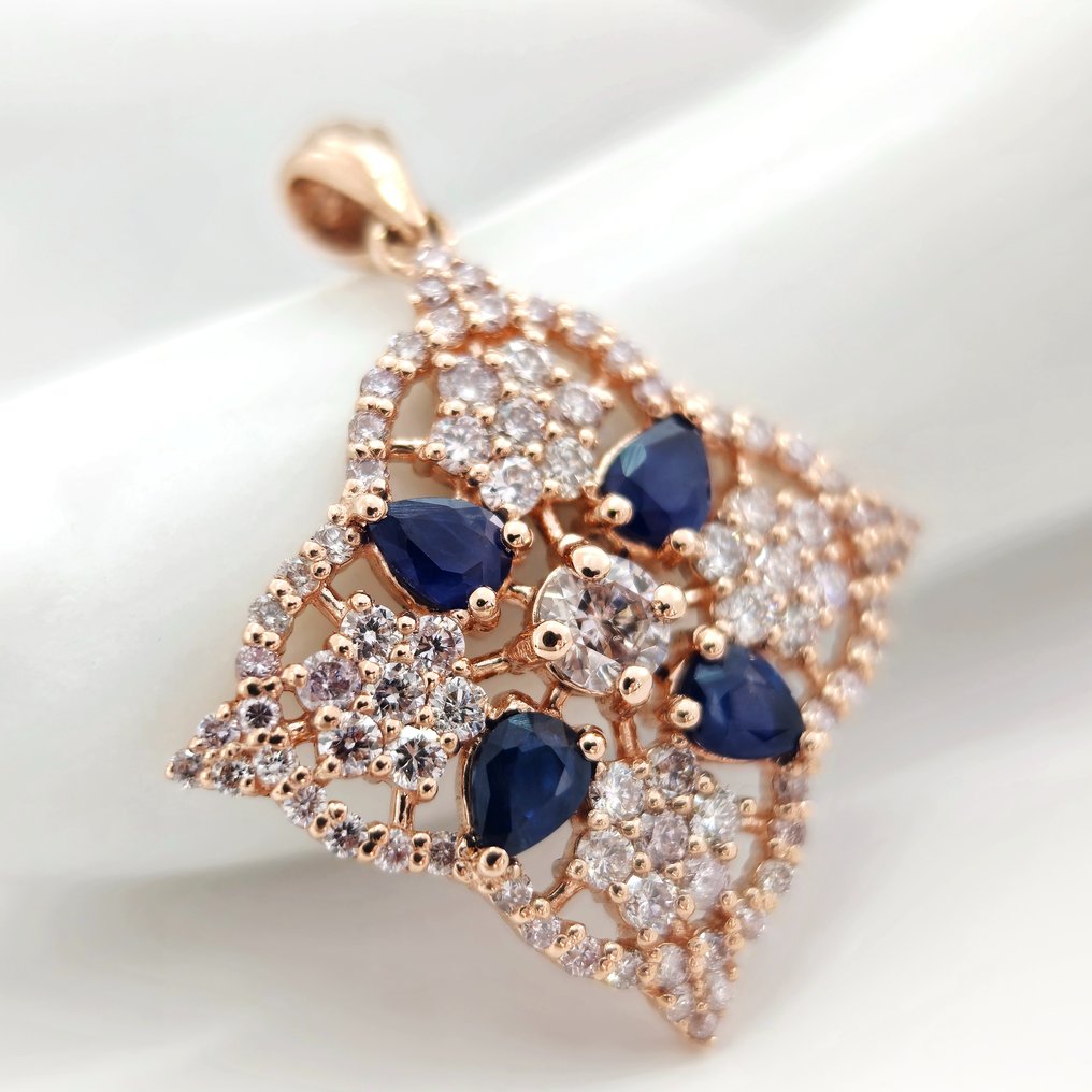 0.70 ct Blue Sapphire & 1.00 Light Pink Diamond Pendant - 2.50 gr - Ciondolo - 14 carati Oro rosa Zaffiro - Diamante  #1.2