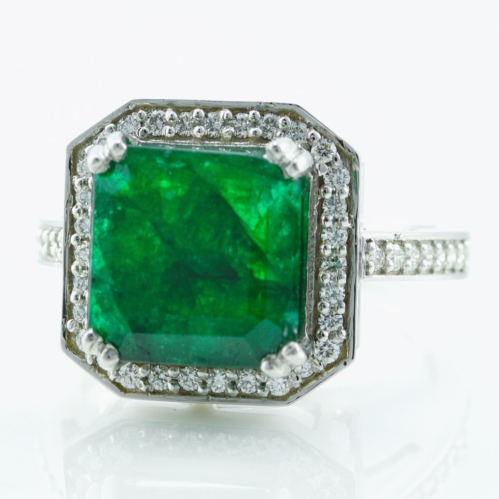 Ring Platin -  5.32ct. tw. Smaragd - Diamant - Smaragd forlovelsesring #1.1