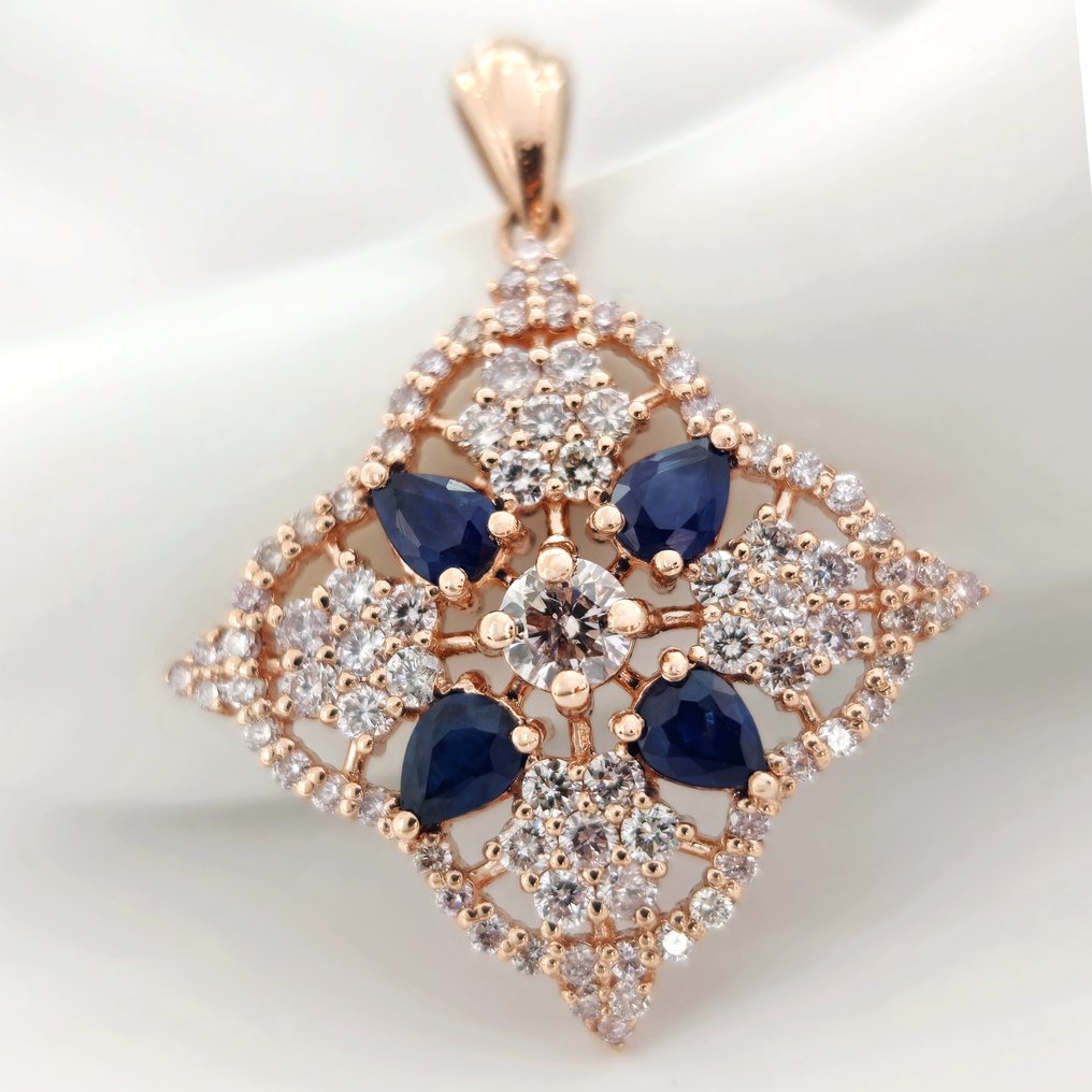 0.70 ct Blue Sapphire & 1.00 Light Pink Diamond Pendant - 2.50 gr - Ciondolo - 14 carati Oro rosa Zaffiro - Diamante  #1.1