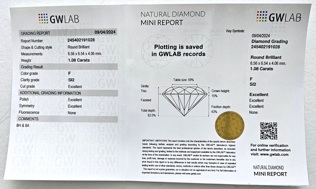1 pcs Diamant  (Natürlich)  - 1.08 ct - Rund - F - SI2 - Gemewizard Gemological Laboratory (GWLab) #2.1