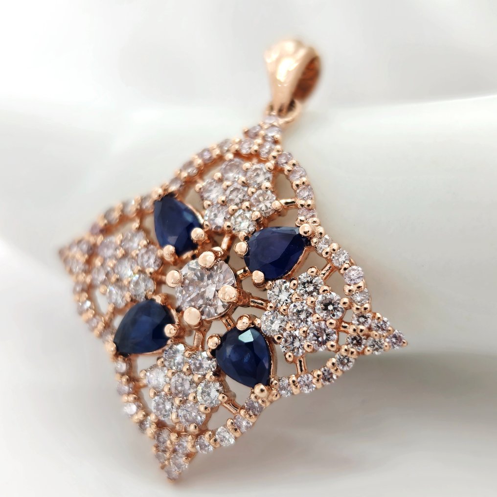 0.70 ct Blue Sapphire & 1.00 Light Pink Diamond Pendant - 2.50 gr - Pendentif - 14 carats Or rose Saphir - Diamant  #2.1