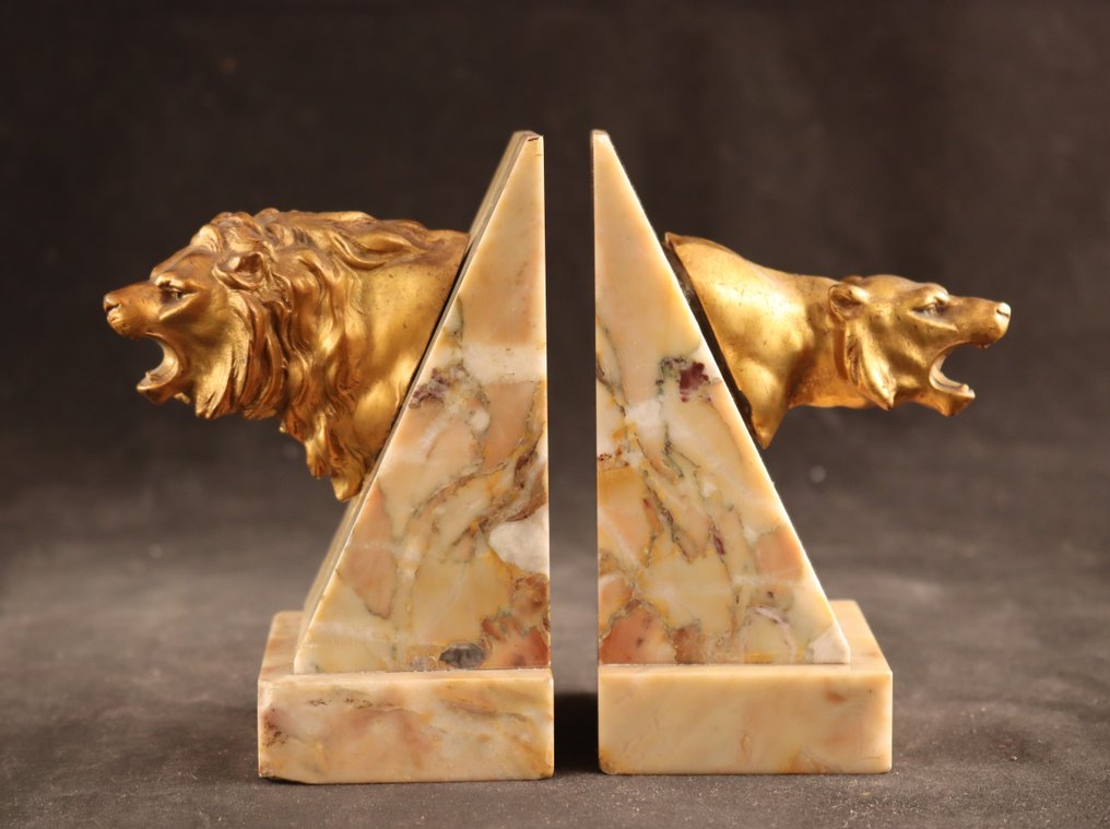 Bust, Boekensteunen met leeuwen - 13 cm - Composite, Marble #3.1