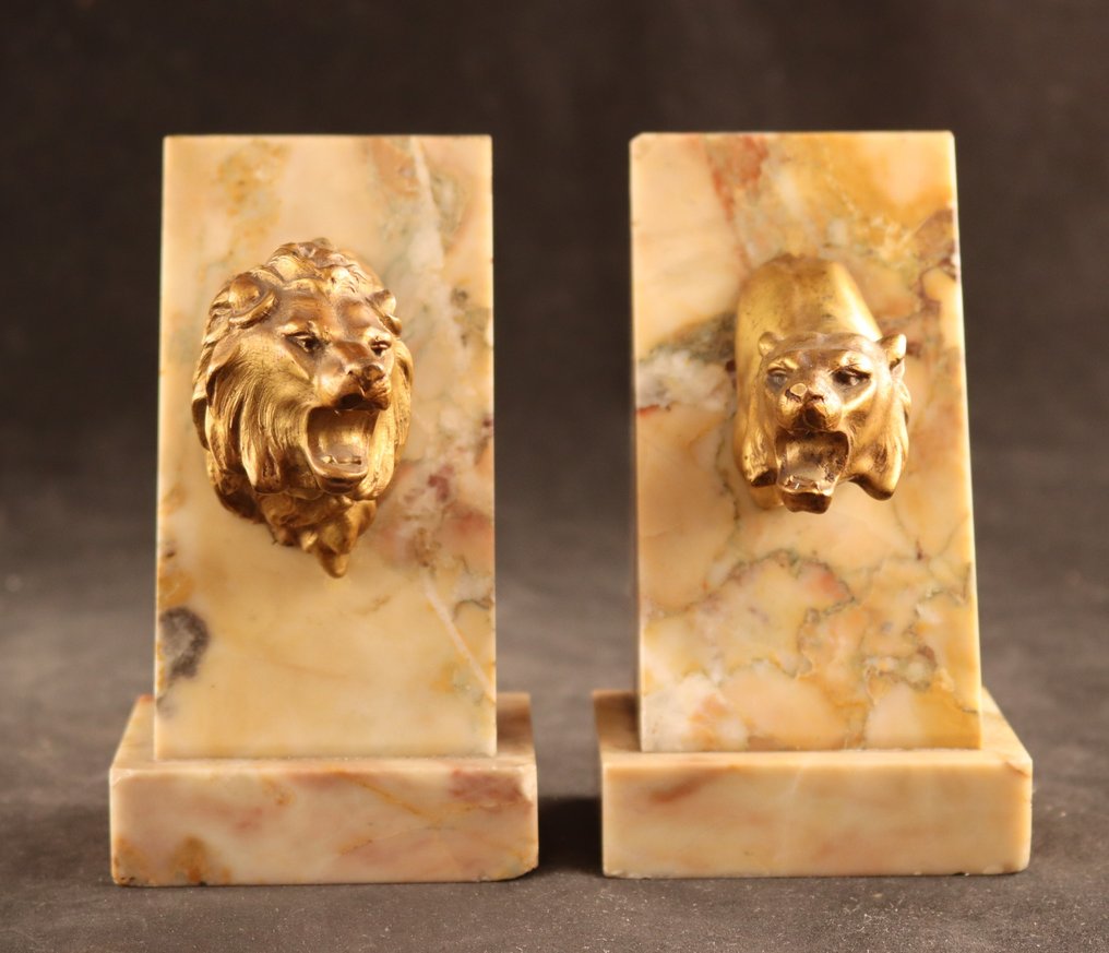 Bust, Boekensteunen met leeuwen - 13 cm - Composite, Marble #2.1