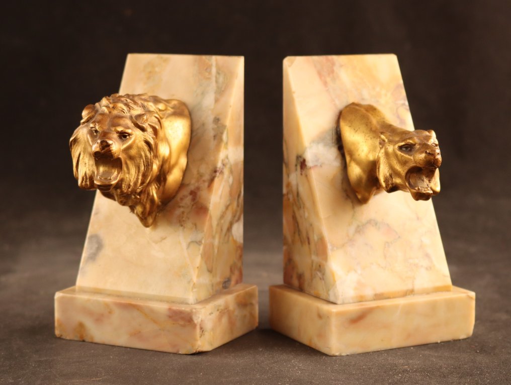 Bust, Boekensteunen met leeuwen - 13 cm - Composite, Marble #1.1