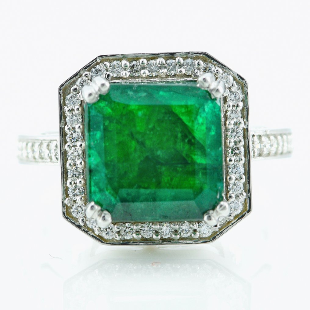 Gyűrű Platina -  5.32ct. tw. Smaragd - Gyémánt - Smaragd eljegyzési gyűrű #1.2