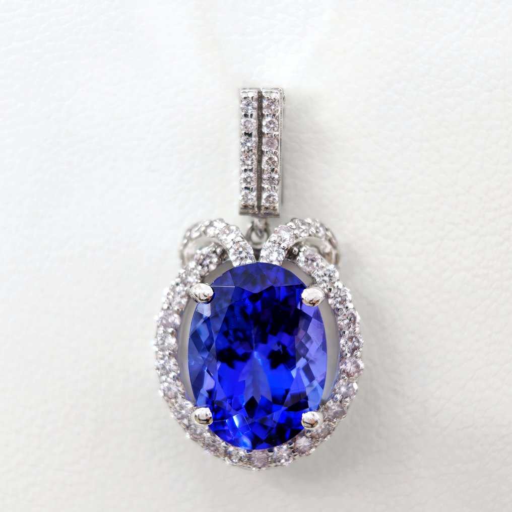 5.50 ct Violetish Blue Tanzanite & 0.75 Light Pink Diamond Pendant - 3.86 gr - Anhänger - 14 kt Weißgold Tansanit - Diamant  #1.2