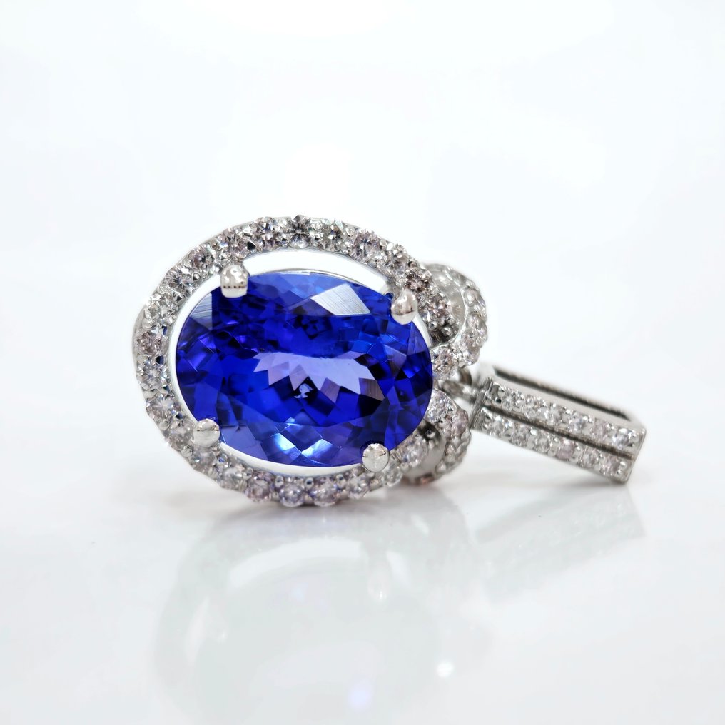 5.50 ct Violetish Blue Tanzanite & 0.75 Light Pink Diamond Pendant - 3.86 gr - 吊坠 - 14K包金 白金 坦桑石 - 钻石  #1.1