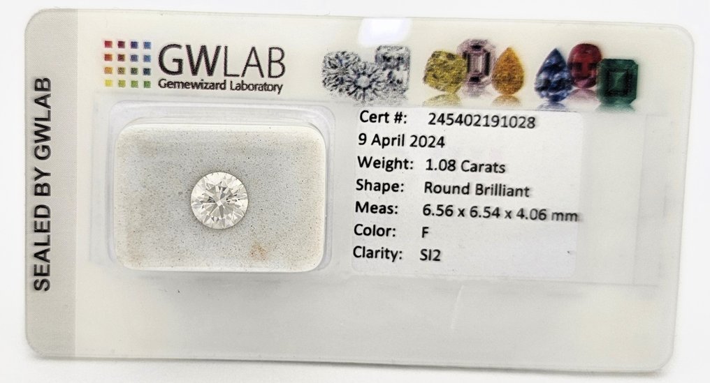 1 pcs Gyémánt  (Természetes)  - 1.08 ct - Kerek - F - SI2 - Gemewizard Gemmológiai Laboratórium (GWLab) #1.1