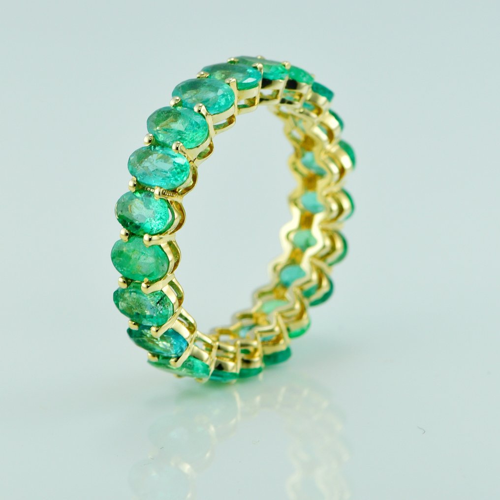 Ring - 14 karaat Geel goud -  4.30ct. tw. Smaragd - Ovale smaragdgroene trouwring #2.1