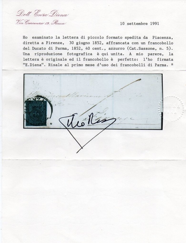 Italienische antike Staaten - Parma 1852 - Brief mit 40 blauen Cent im ersten Nutzungsmonat - Sassone #2.1