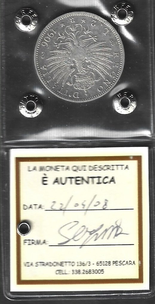 意大利， 意大利王国. 维托里奥·伊曼纽尔三世·迪·萨沃亚 （1900-1946）. 2 Lire 1906 "Aquila Sabauda" #2.1