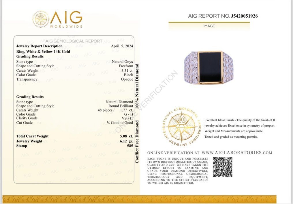 Anello - 14 carati Oro giallo -  5.08ct. tw. Diamante  (Naturale) - Onice #2.1