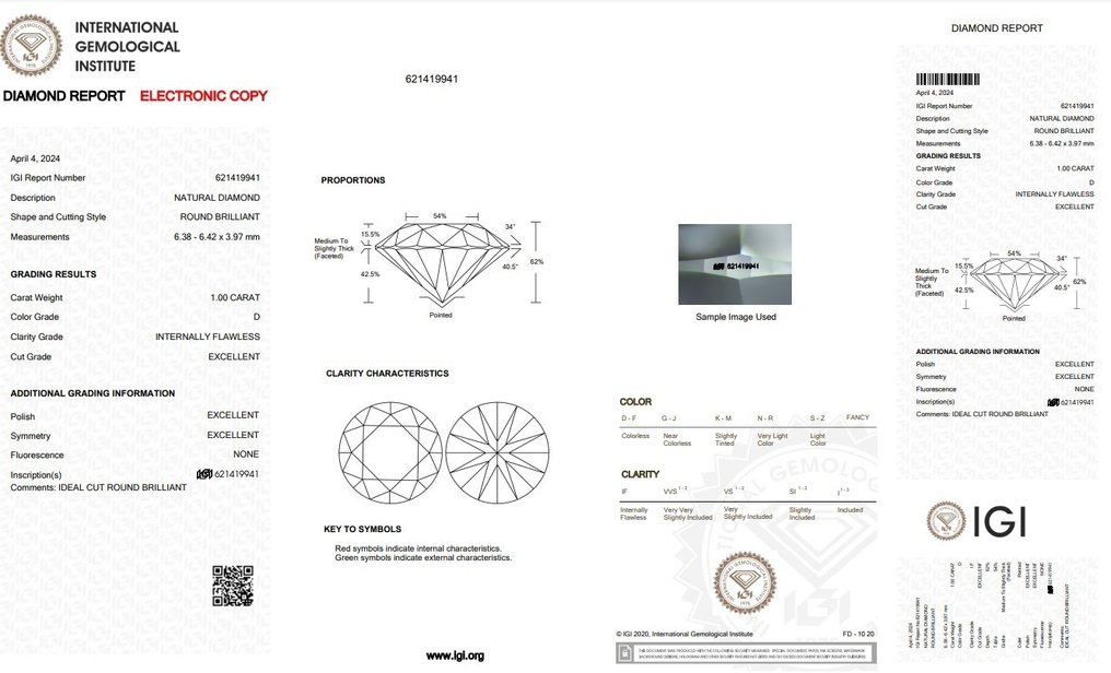 1 pcs Diament  (Naturalny)  - 1.00 ct - okrągły - D (bezbarwny) - IF - International Gemological Institute (IGI) #2.1