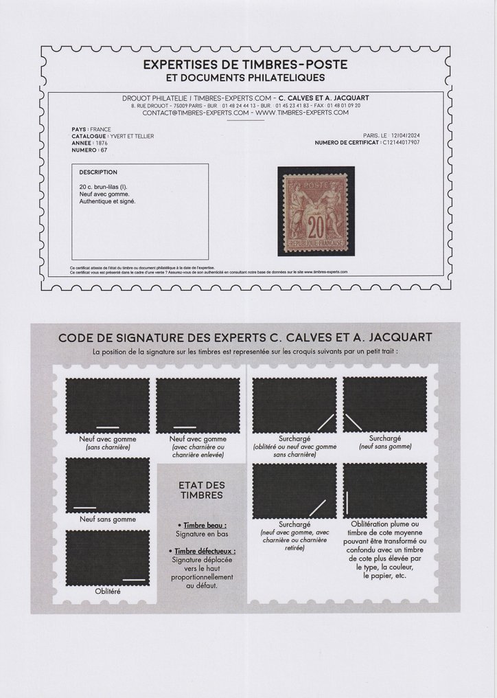 Frankrijk 1876 - Wijzen type "I", nr. 67 nieuw*, ondertekend en verkocht met Calves Superb-certificaat - Yvert #2.1