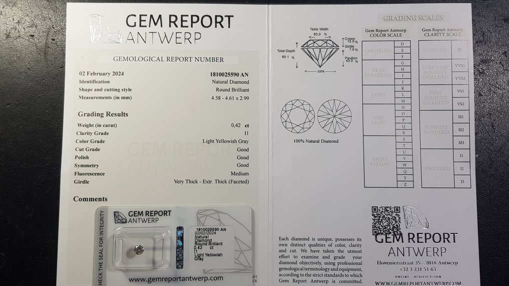 Zonder Minimumprijs - 1 pcs Diamant  (Natuurlijk gekleurd)  - 0.42 ct - P1 - Gem Report Antwerp (GRA) #3.1