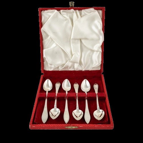 I. Bronee (1904) - Set of 6 Danish silver long bright-cut teaspoons, boxed - Cucchiaino da tè (6) -  #1.1