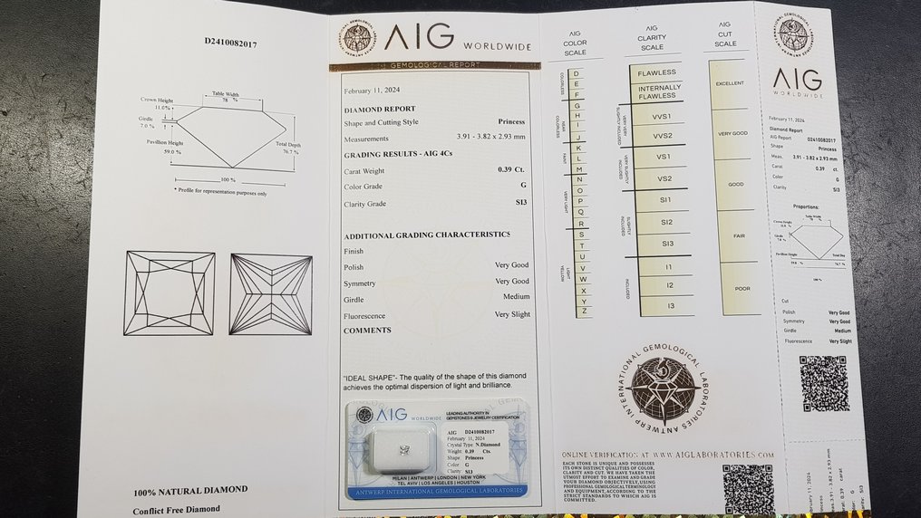 1 pcs Timantti  (Luonnollinen)  - 0.39 ct - G - SI3 - Antwerpenin kansainväliset gemologiset laboratoriot (AIG Israel) #3.1