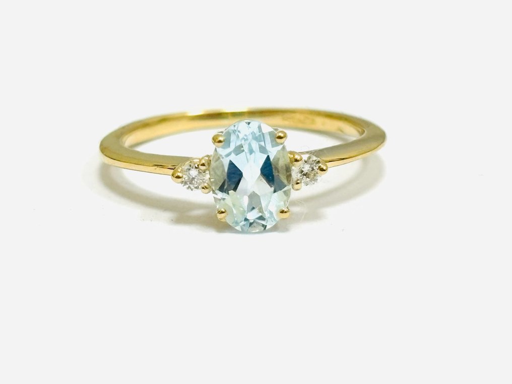 戒指 - 18K包金 黄金 -  1.70 tw. 海蓝宝石 - 钻石 #1.1
