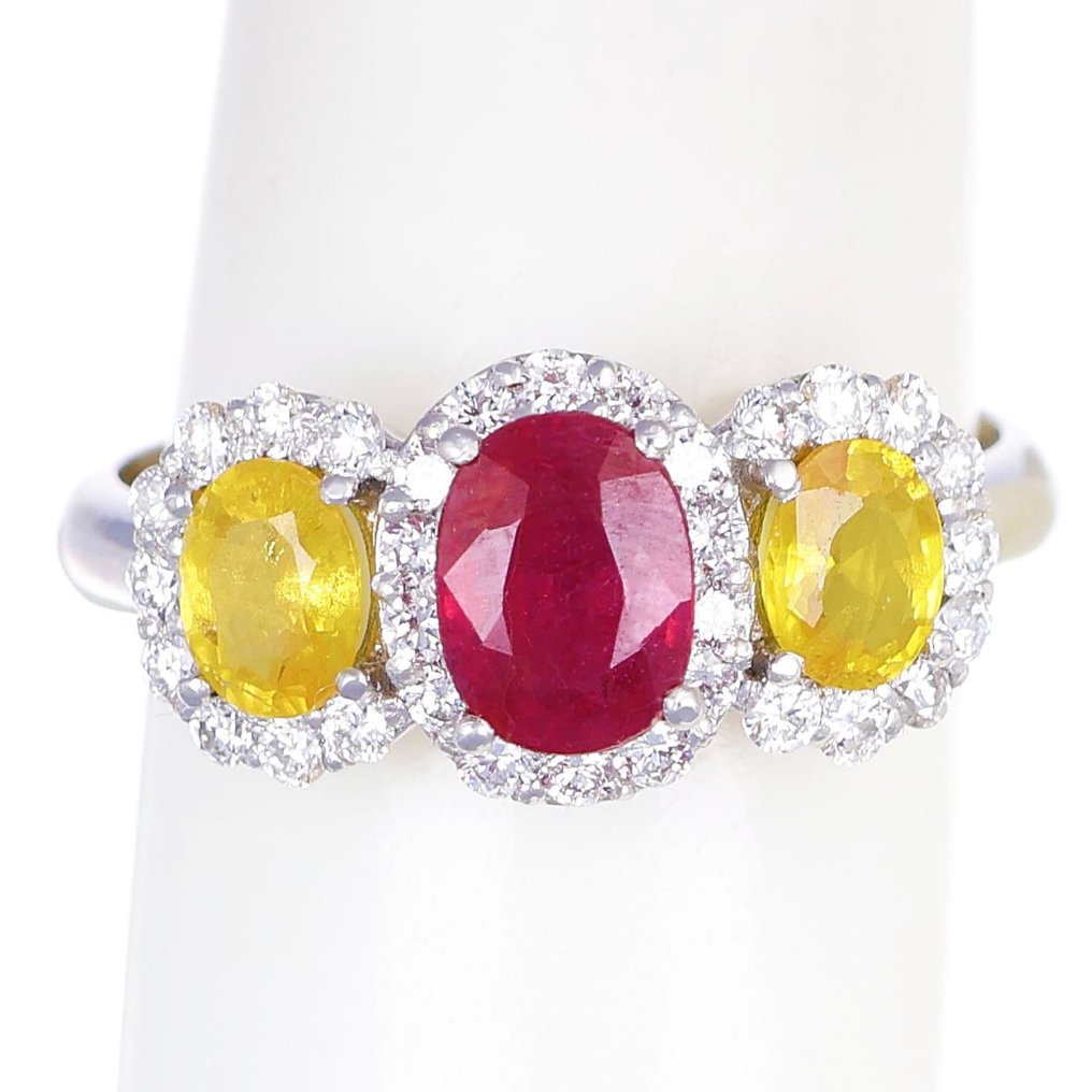 Anello - 18 carati Oro bianco, Rubino  1.00 Ct -  0.54ct. tw. Diamante - Zaffiro #1.1