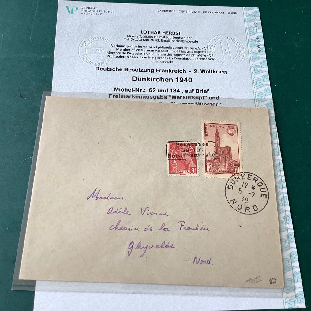 Γερμανική Αυτοκρατορία - Κατοχή της Γαλλία (1941-1945) 1940 - Δουνκέρκη: 30 σεντς Mercur και ο πύργος του Munsters σε περιπατημένη επιστολή - πιστοποιητικό - Michel 62 en 134 #1.1