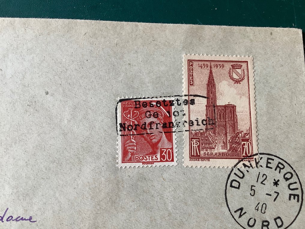 Γερμανική Αυτοκρατορία - Κατοχή της Γαλλία (1941-1945) 1940 - Δουνκέρκη: 30 σεντς Mercur και ο πύργος του Munsters σε περιπατημένη επιστολή - πιστοποιητικό - Michel 62 en 134 #2.2