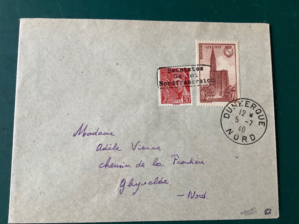 Imperiul German - Ocuparea Franței (1941-1945) 1940 - Dunkirk: 30 de cenți Mercur și turnul Munsters pe scrisoarea plimbată - certificat foto Herbst - Michel 62 en 134 #2.1