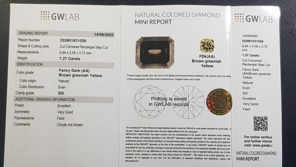 没有保留价 - 1 pcs 钻石  (天然色彩的)  - 1.37 ct - 祖母绿 - SI2 微内三含级 - Gemewizard宝石实验室（GWLab） - 天然花式深棕绿黄色 #3.1