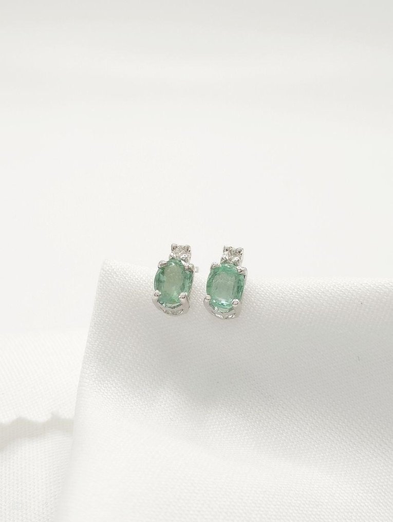 Zonder minimumprijs - Cocktail oorbellen - 18 karaat Witgoud Smaragd - Diamant #3.2
