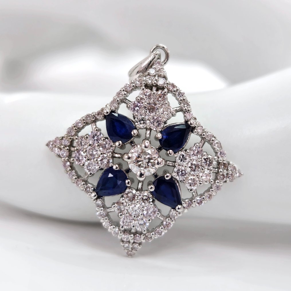 0.80 ct Blue Sapphire & 0.90 Light Pink Diamond Pendant - 2.32 gr - Pendant - 14 kt. White gold Sapphire - Diamond  #1.1