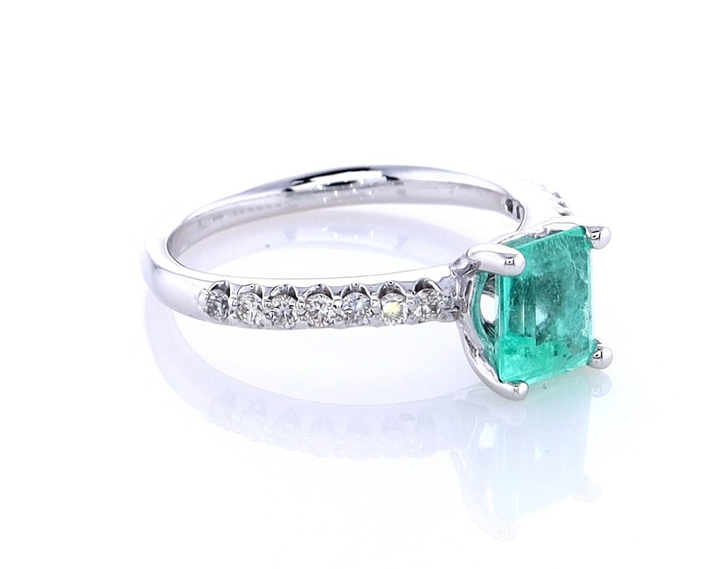 Ring - 14 kt. White gold -  1.13ct. tw. Emerald - Diamond #2.1