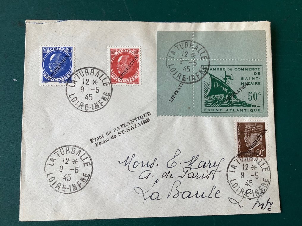 Saksan valtakunta - Ranskan miehitys (1941-1945) 1945 - Saint Nazaire: 50 senttiä kulmaarkin reunalla ja Liberation-painatus - Michel 1 #1.1