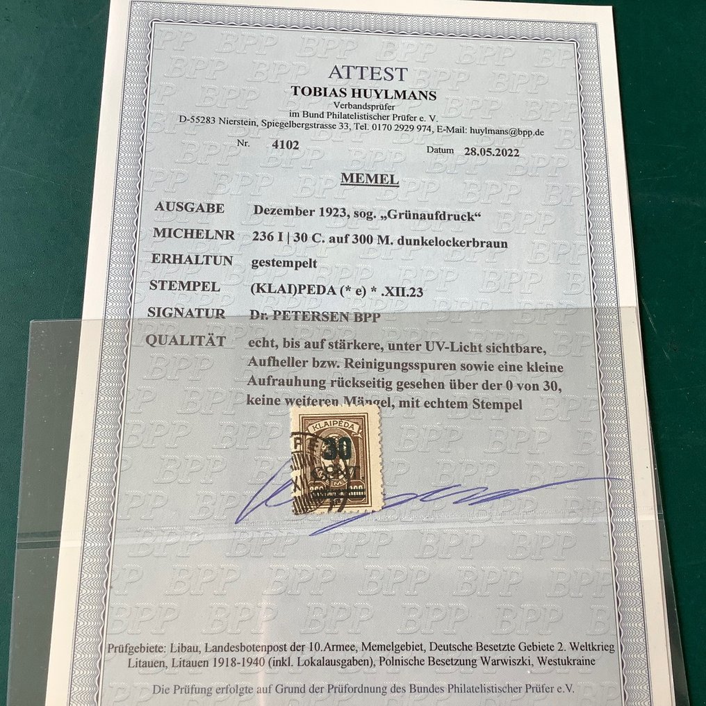Memel 1923 - Klaipeda: 30 céntimos Impresión verde con certificado fotográfico de Huylemans - Michel 236 I #1.1