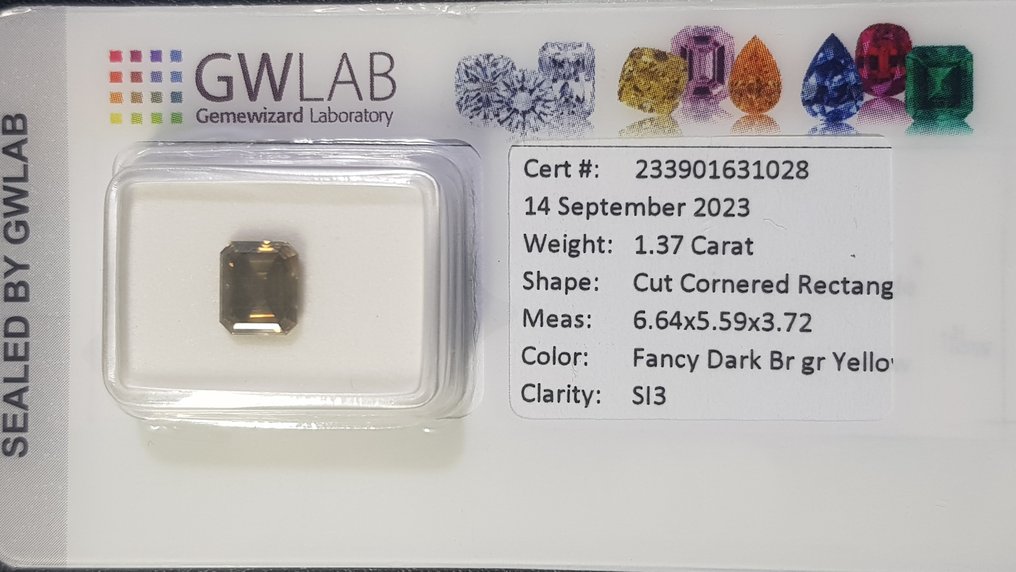 没有保留价 - 1 pcs 钻石  (天然色彩的)  - 1.37 ct - 祖母绿 - SI2 微内三含级 - Gemewizard宝石实验室（GWLab） - 天然花式深棕绿黄色 #2.1