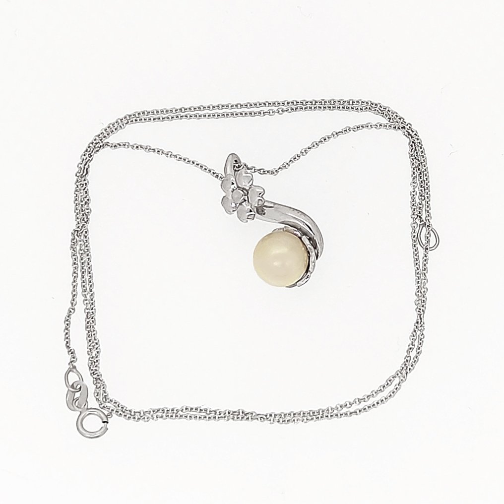 Necklace with pendant - 18 kt. White gold Pearl  #1.1